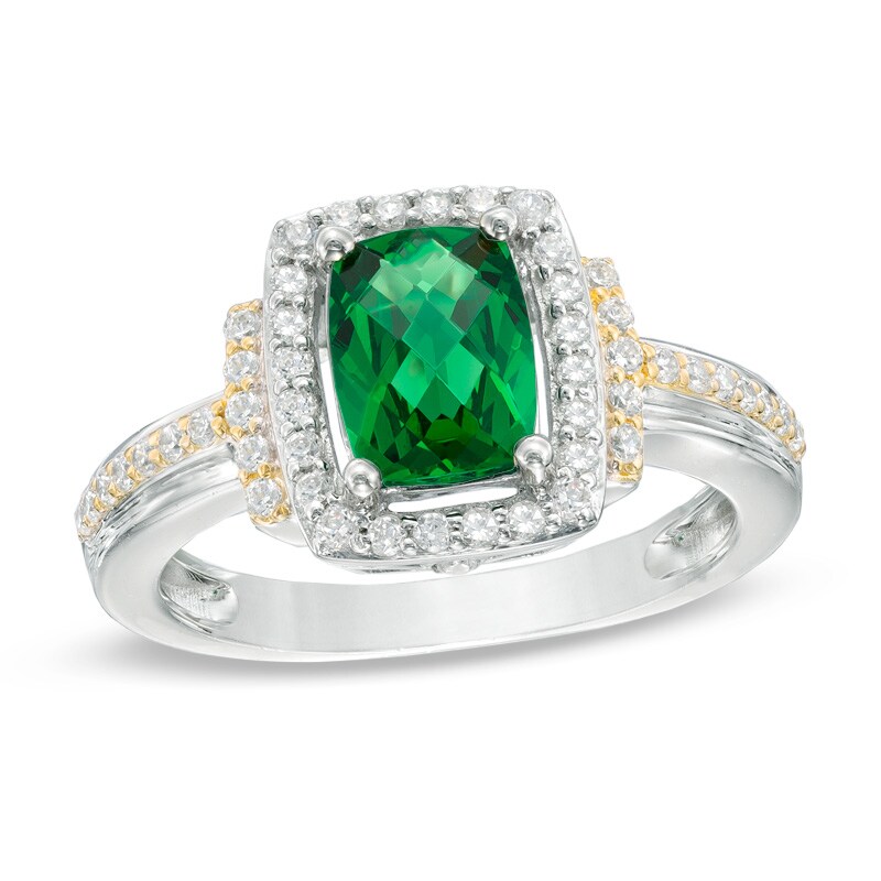 Cushion-Cut Lab-Created Emerald and White Sapphire Frame Ring in 10K White Gold
