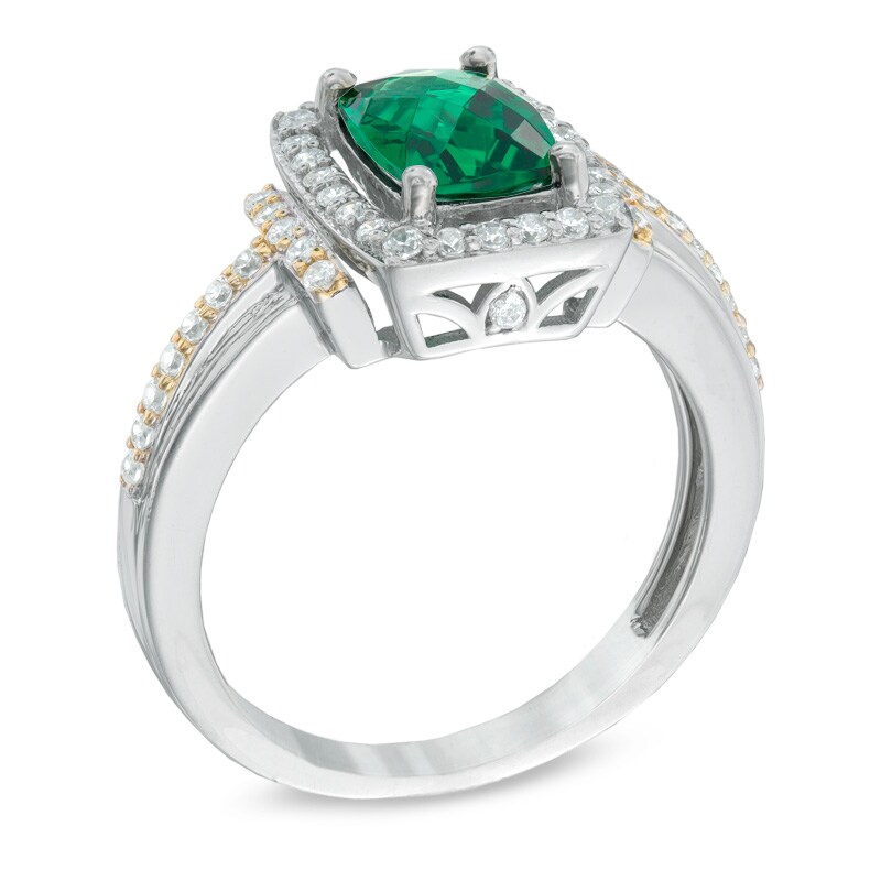 Cushion-Cut Lab-Created Emerald and White Sapphire Frame Ring in 10K White Gold