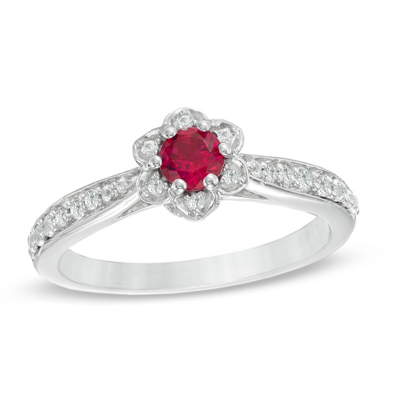 Main Image 1 of 4.0mm Lab-Created Ruby and White Sapphire Flower Ring in Sterling Silver