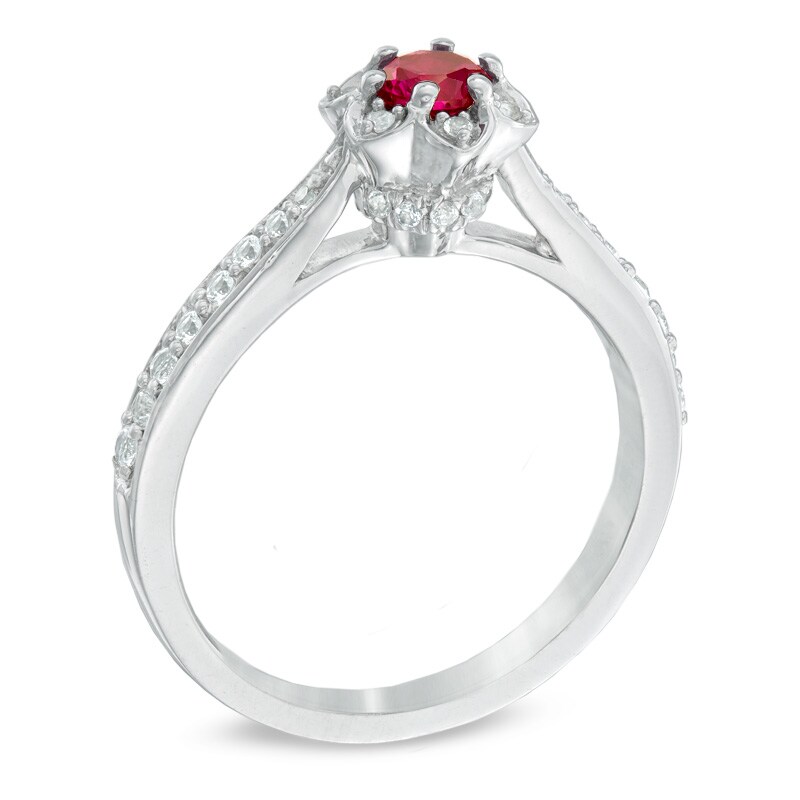 Main Image 2 of 4.0mm Lab-Created Ruby and White Sapphire Flower Ring in Sterling Silver