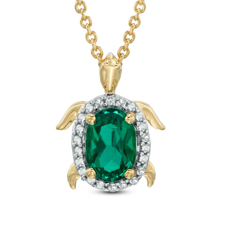Main Image 1 of Oval Lab-Created Emerald and White Sapphire Turtle Pendant in Sterling Silver with 18K Gold Plate