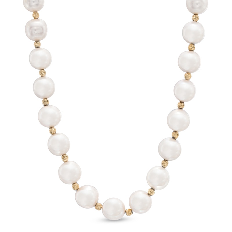 8.5 - 9.5mm Cultured Freshwater Pearl and Bead Strand Necklace in Sterling Silver with 14K Gold Plate