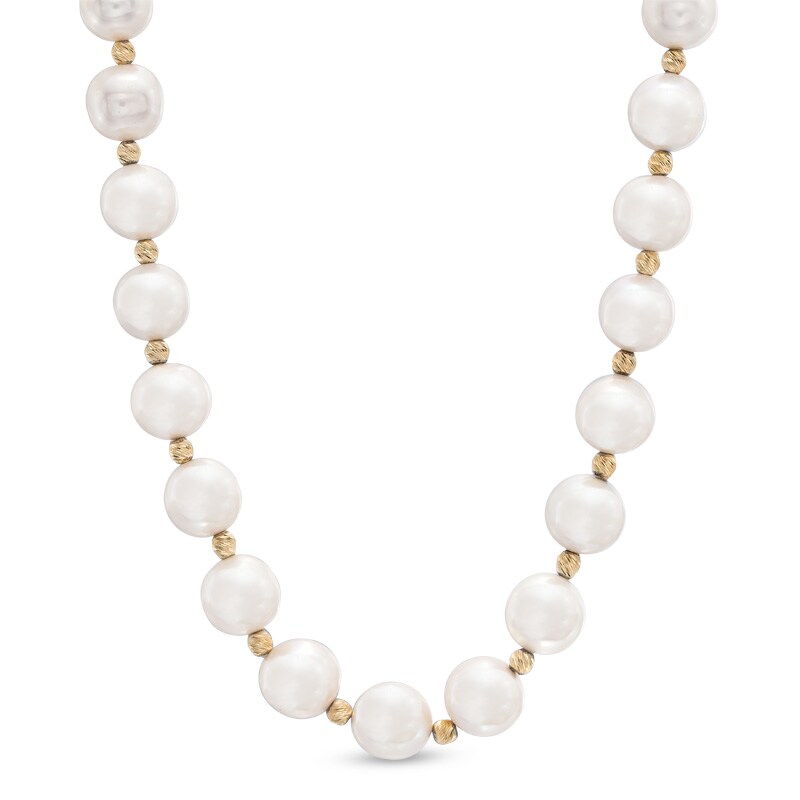 8.5 - 9.5mm Cultured Freshwater Pearl and Bead Strand Necklace in Sterling Silver with 14K Gold Plate