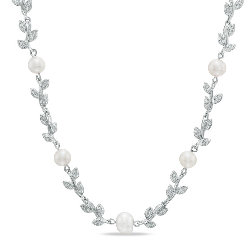 Main Image 1 of 6.0-7.5mm Freshwater Cultured Pearl and Lab-Created White Sapphire Floral Necklace in Sterling Silver-18.5&quot;