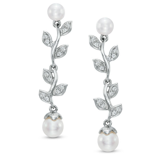 5.0-6.5mm Freshwater Cultured Pearl and Lab-Created White Sapphire Floral Drop Earrings in Sterling Silver