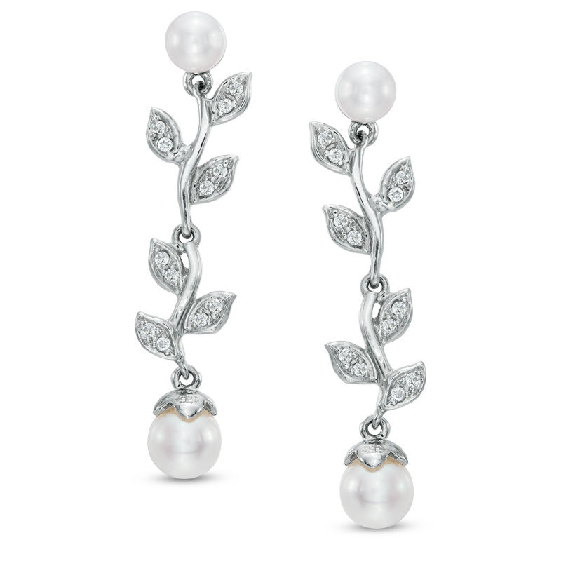 5.0 - 6.5mm Cultured Freshwater Pearl and Lab-Created White Sapphire Floral Drop Earrings in Sterling Silver