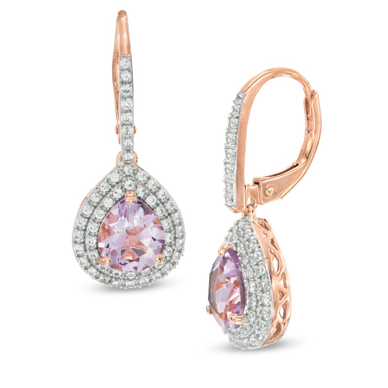 Main Image 1 of Rose de France Amethyst and Lab-Created White Sapphire Drop Earrings in Sterling Silver with 14K Rose Gold Plate