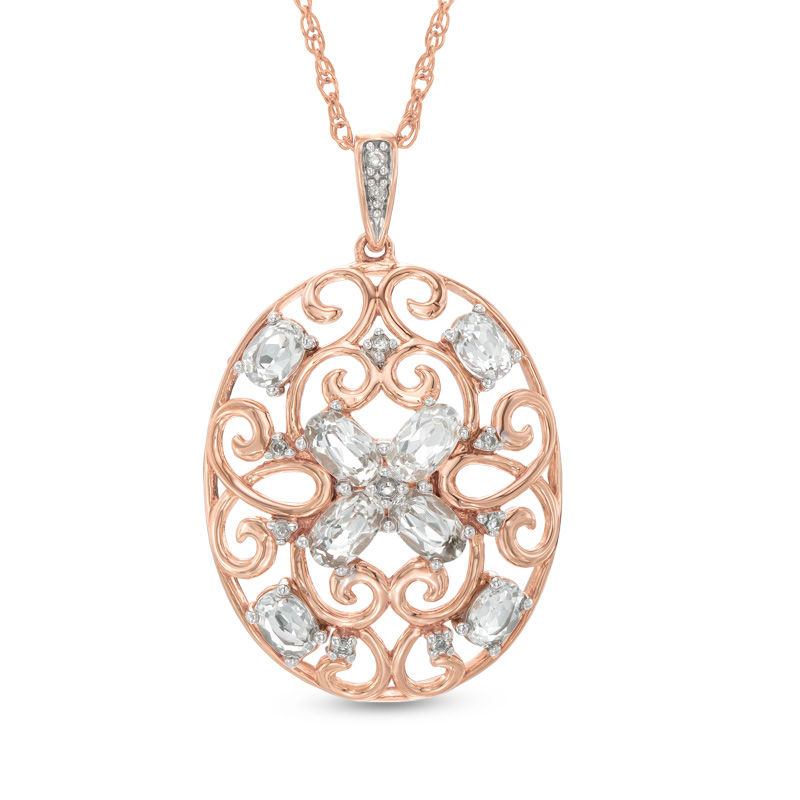 Oval Lab-Created White Sapphire Scroll Pendant in Sterling Silver with 14K Rose Gold Plate