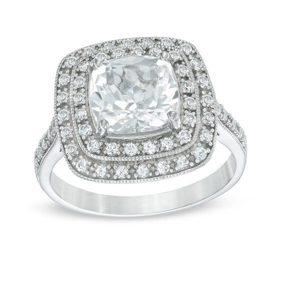 8.0mm Cushion-Cut Lab-Created White Sapphire Frame Ring in Sterling Silver
