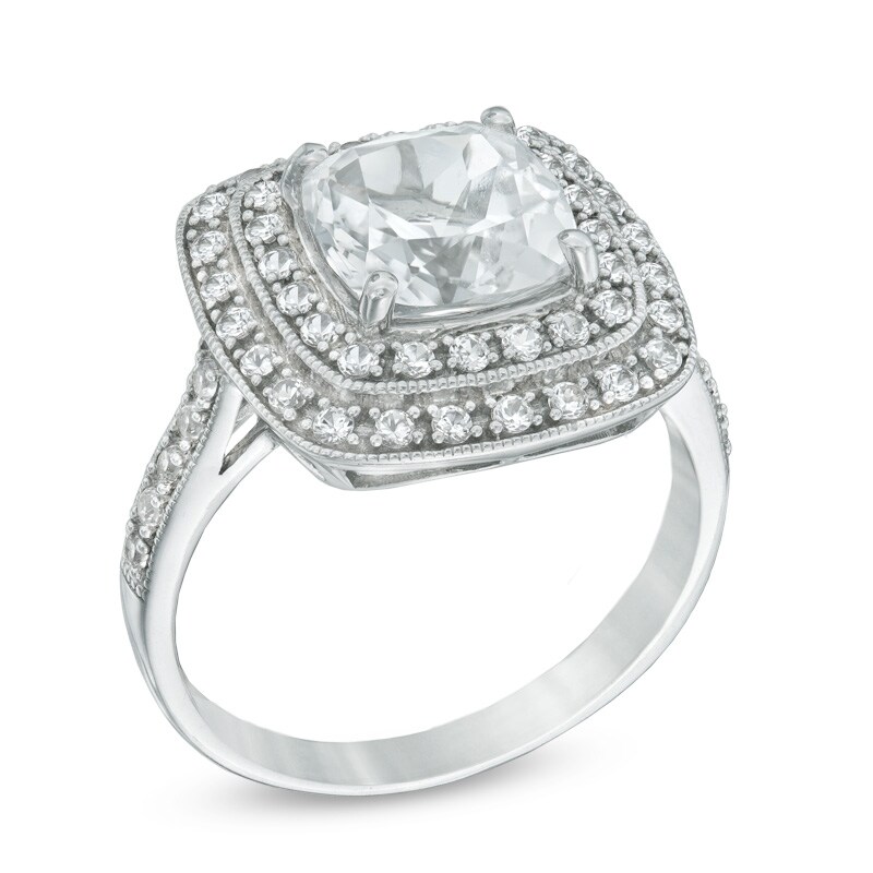 Main Image 2 of 8.0mm Cushion-Cut Lab-Created White Sapphire Frame Ring in Sterling Silver