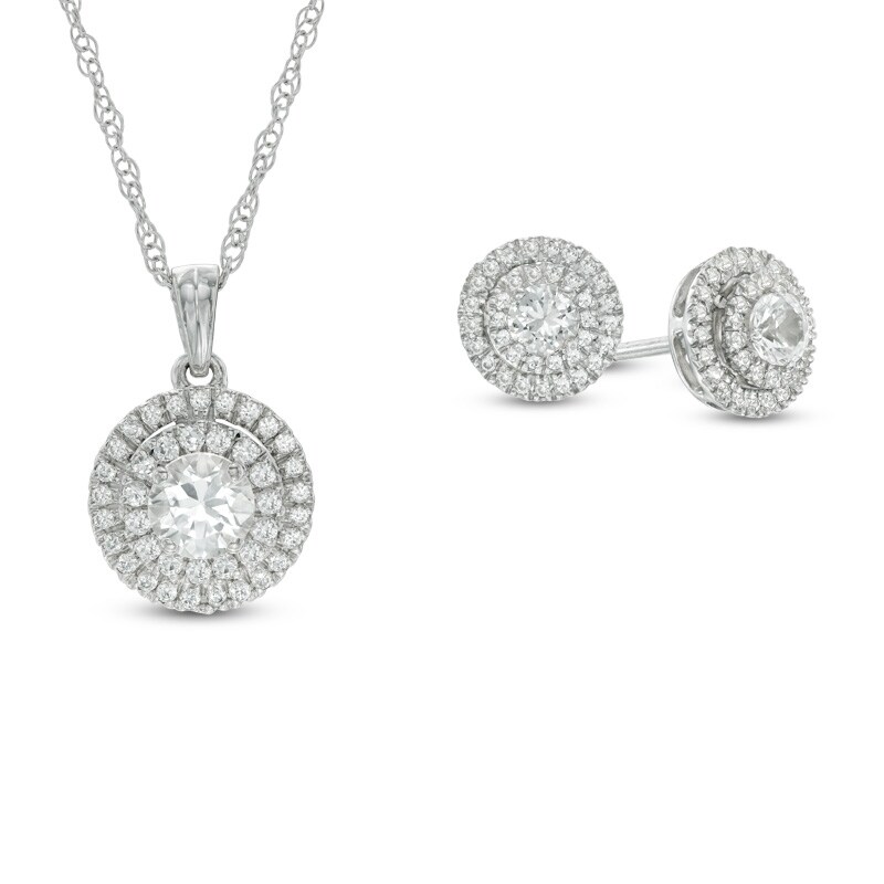 Main Image 1 of 5.0mm Lab-Created White Sapphire Frame Pendant and Earrings Set in Sterling Silver
