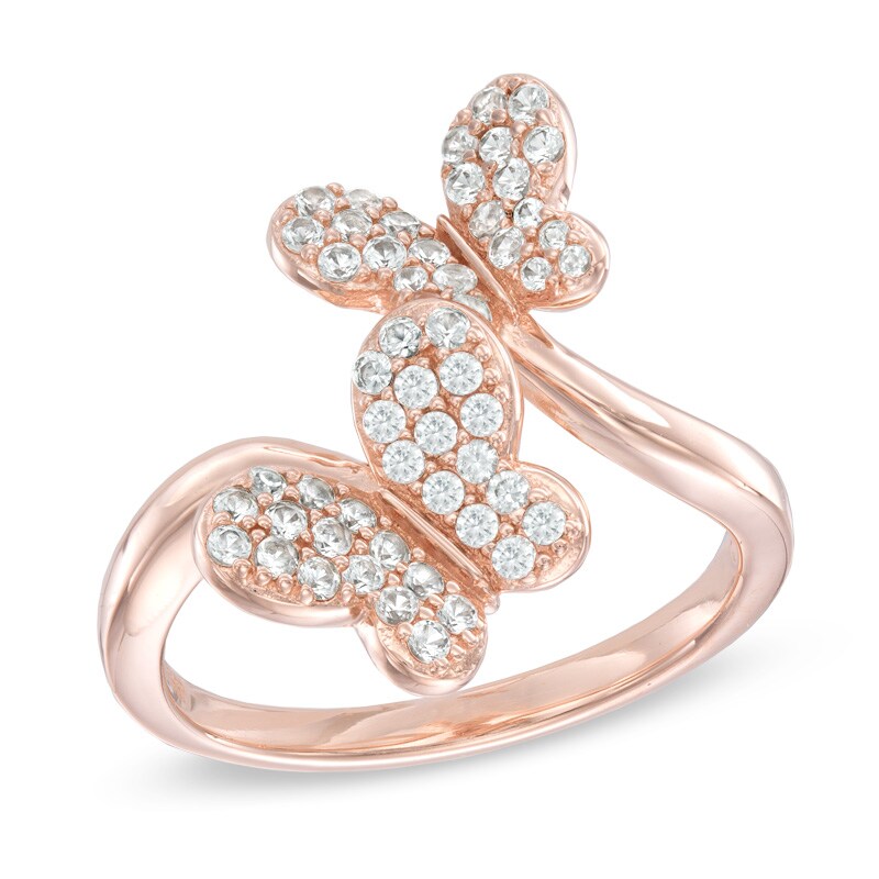 Main Image 1 of Lab-Created White Sapphire Double Butterfly Ring in Sterling Silver with 18K Rose Gold Plate