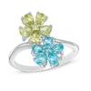 Thumbnail Image 1 of Pear-Shaped Peridot and Swiss Blue Topaz Double Flower Ring in Sterling Silver