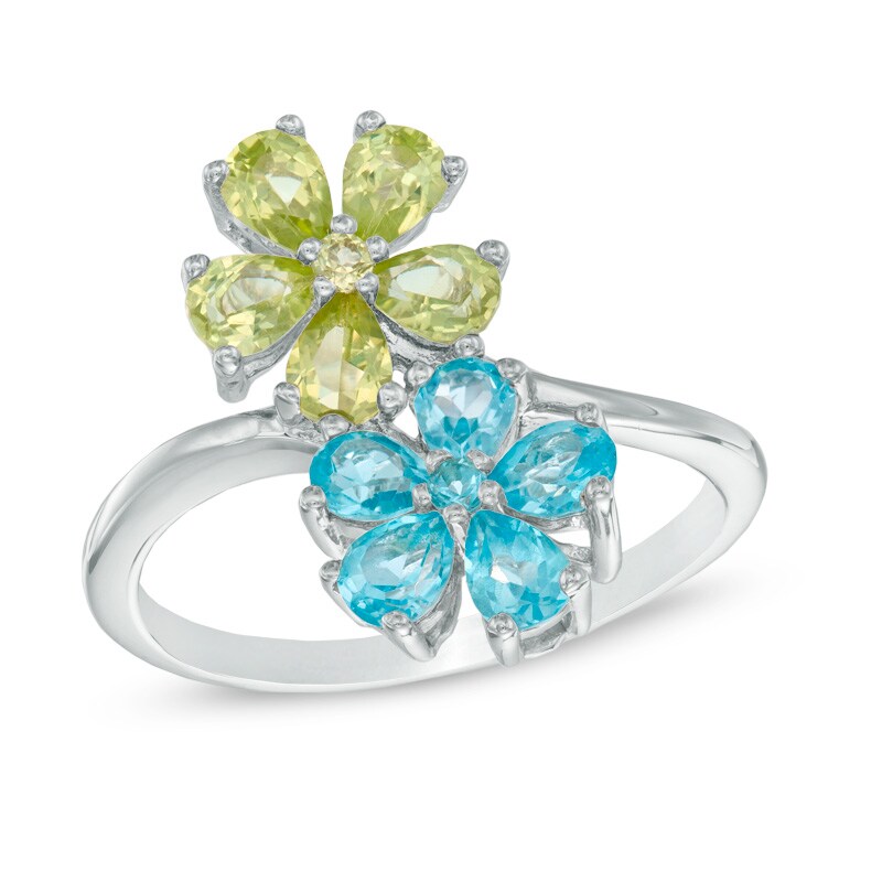 Main Image 1 of Pear-Shaped Peridot and Swiss Blue Topaz Double Flower Ring in Sterling Silver