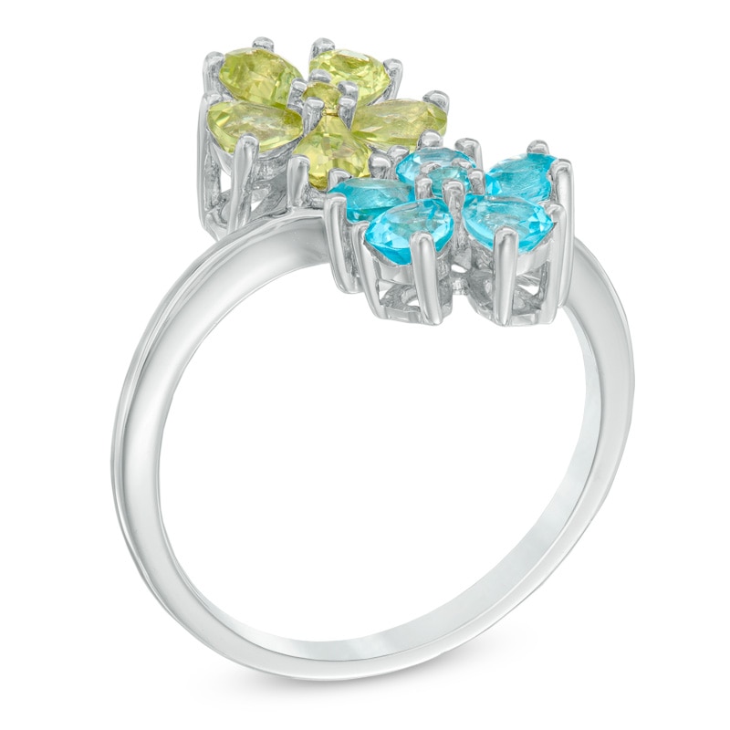 Main Image 2 of Pear-Shaped Peridot and Swiss Blue Topaz Double Flower Ring in Sterling Silver