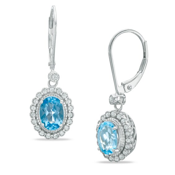 Oval Blue Topaz and Lab-Created White Sapphire Vintage-Style Drop Earrings in Sterling Silver