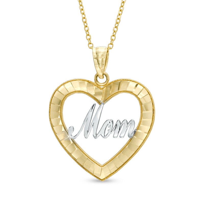 Main Image 1 of Diamond-Cut Heart with &quot;MOM&quot; Pendant in 10K Two-Tone Gold
