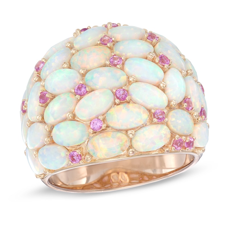 Main Image 1 of Oval Lab-Created Opal and Pink Sapphire Dome Ring in Sterling Silver with 18K Rose Gold Plate