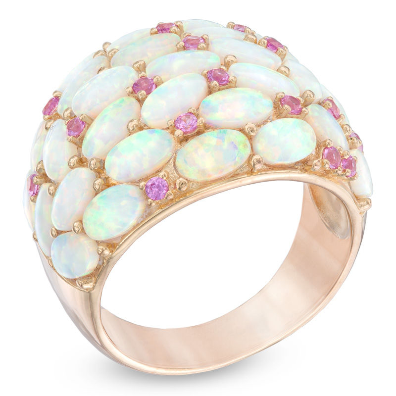 Main Image 2 of Oval Lab-Created Opal and Pink Sapphire Dome Ring in Sterling Silver with 18K Rose Gold Plate