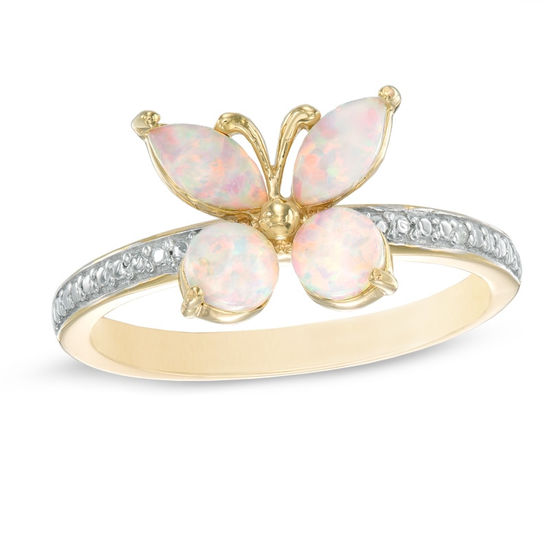 Main Image 1 of Lab-Created Pink Opal and White Sapphire Butterfly Ring in Sterling Silver with 18K Rose Gold Plate