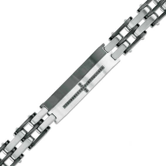 1/8 CT. T.w. Black Diamond Cross ID Bracelet in Two-Tone Stainless Steel - 8.5"
