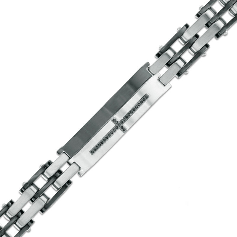 Men's 1/8 CT. T.W. Black Diamond Cross ID Bracelet in Two-Tone Stainless Steel - 8.5"