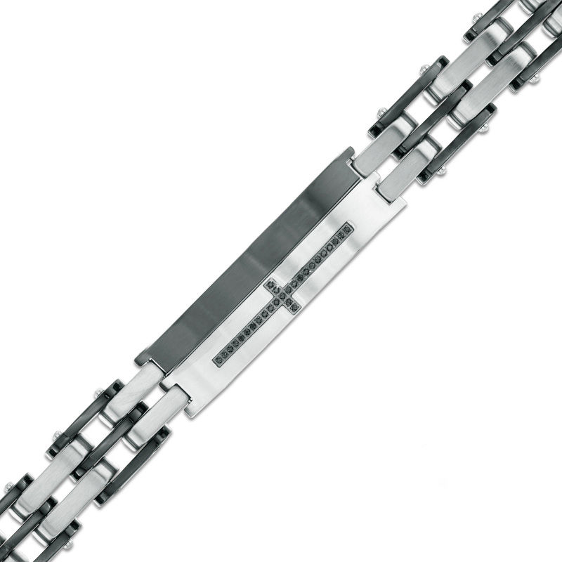 Main Image 1 of Men's 1/8 CT. T.W. Black Diamond Cross ID Bracelet in Two-Tone Stainless Steel - 8.5"