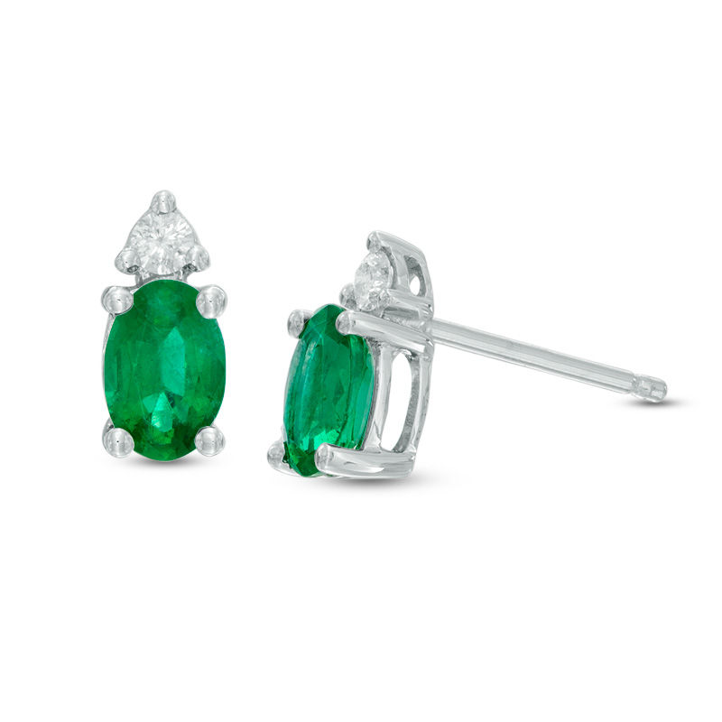 Oval Emerald and Diamond Accent Stud Earrings in 10K White Gold
