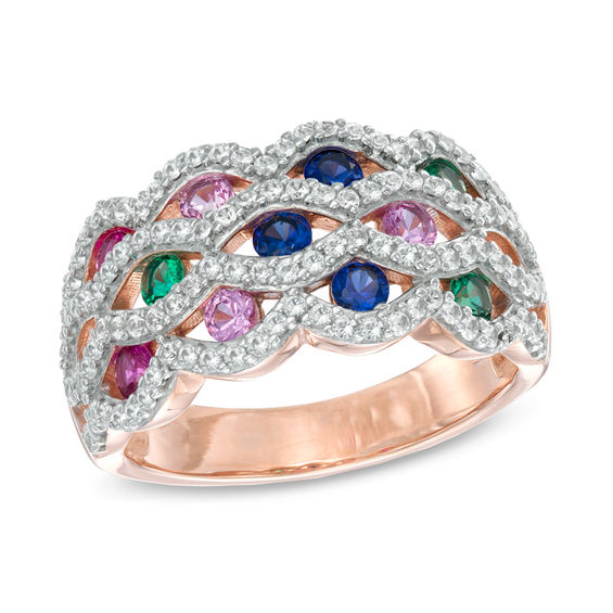 Lab-Created Multi-Gemstone and White Sapphire Ring in Sterling Silver with 14K Rose Gold Plate