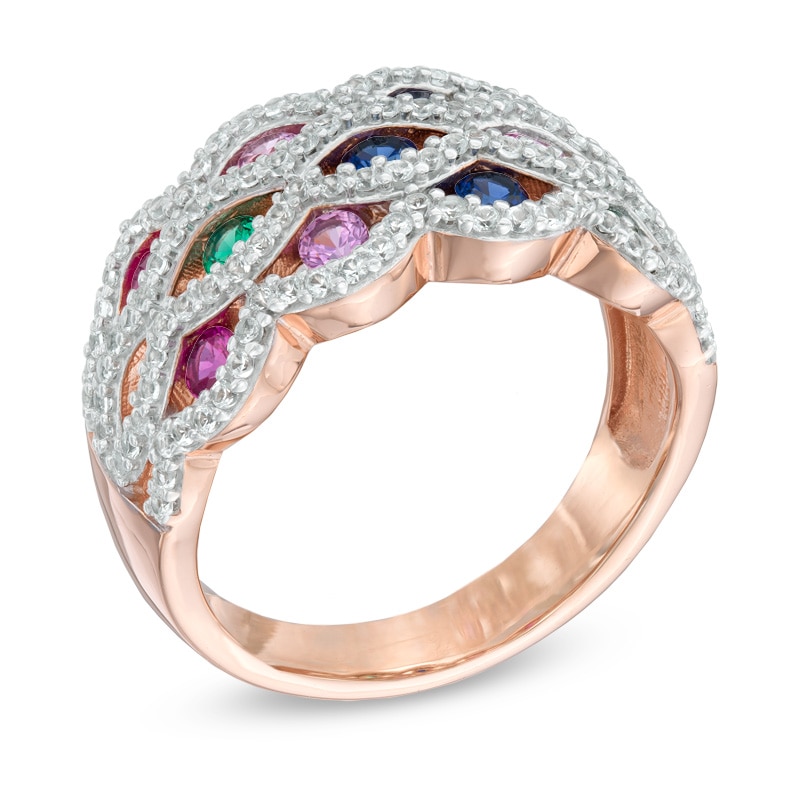 Main Image 2 of Lab-Created Multi-Gemstone and White Sapphire Ring in Sterling Silver with 14K Rose Gold Plate