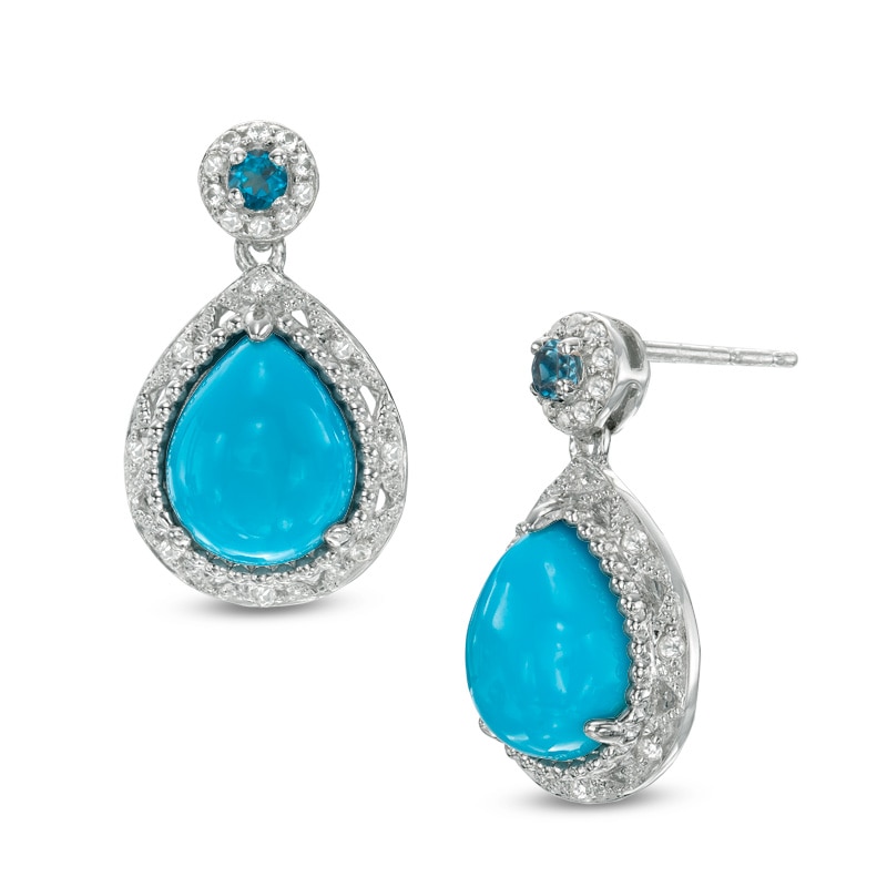 Pear-Shaped Turquoise, London Blue Topaz and Lab-Created White Sapphire Drop Earrings in Sterling Silver