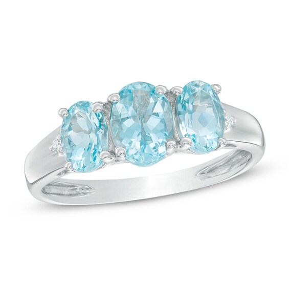 Oval Aquamarine and Diamond Accent Three Stone Ring in 10K White Gold