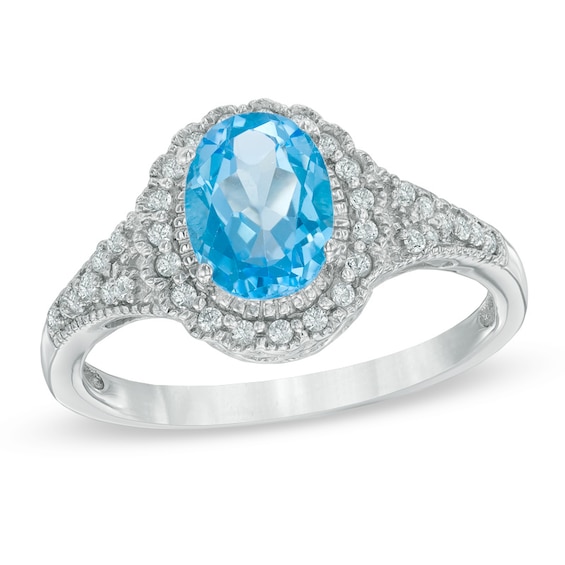 Oval Blue Topaz and Lab-Created White Sapphire Vintage-Style Ring in Sterling Silver