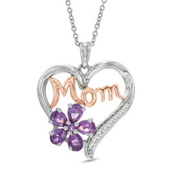 Pear-Shaped Amethyst and Lab-Created White Sapphire &quot;MOM&quot; Heart Pendant in Sterling Silver and 14K Rose Gold Plate