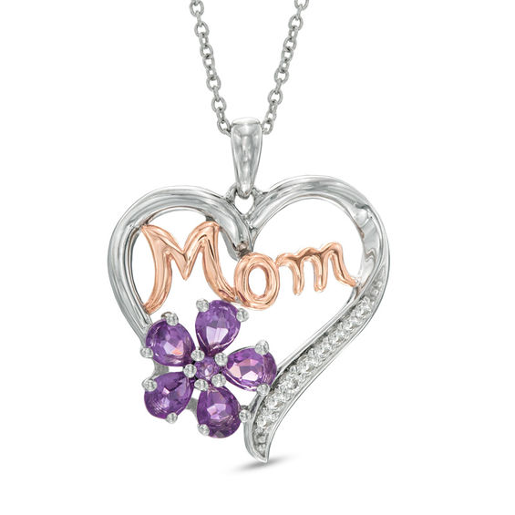 Pear-Shaped Amethyst and Lab-Created White Sapphire Mom Heart Pendant in Sterling Silver and 14K Rose Gold Plate