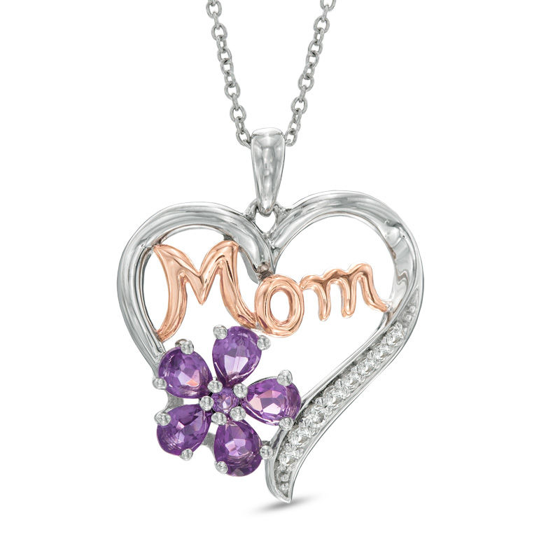 Pear-Shaped Amethyst and Lab-Created White Sapphire "MOM" Heart Pendant in Sterling Silver and 14K Rose Gold Plate