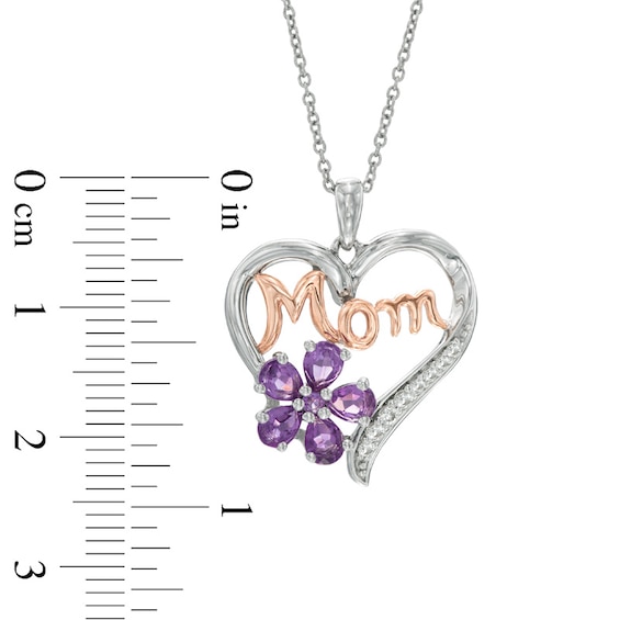 Pear-Shaped Amethyst and Lab-Created White Sapphire Mom Heart Pendant in Sterling Silver and 14K Rose Gold Plate