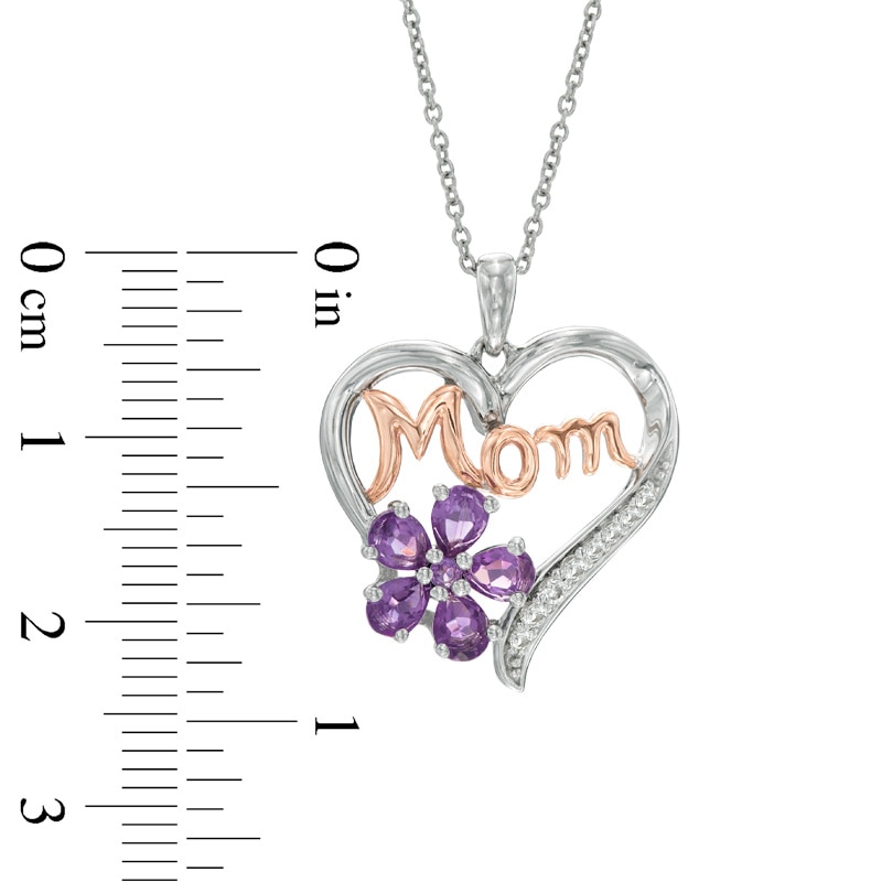 Pear-Shaped Amethyst and Lab-Created White Sapphire "MOM" Heart Pendant in Sterling Silver and 14K Rose Gold Plate