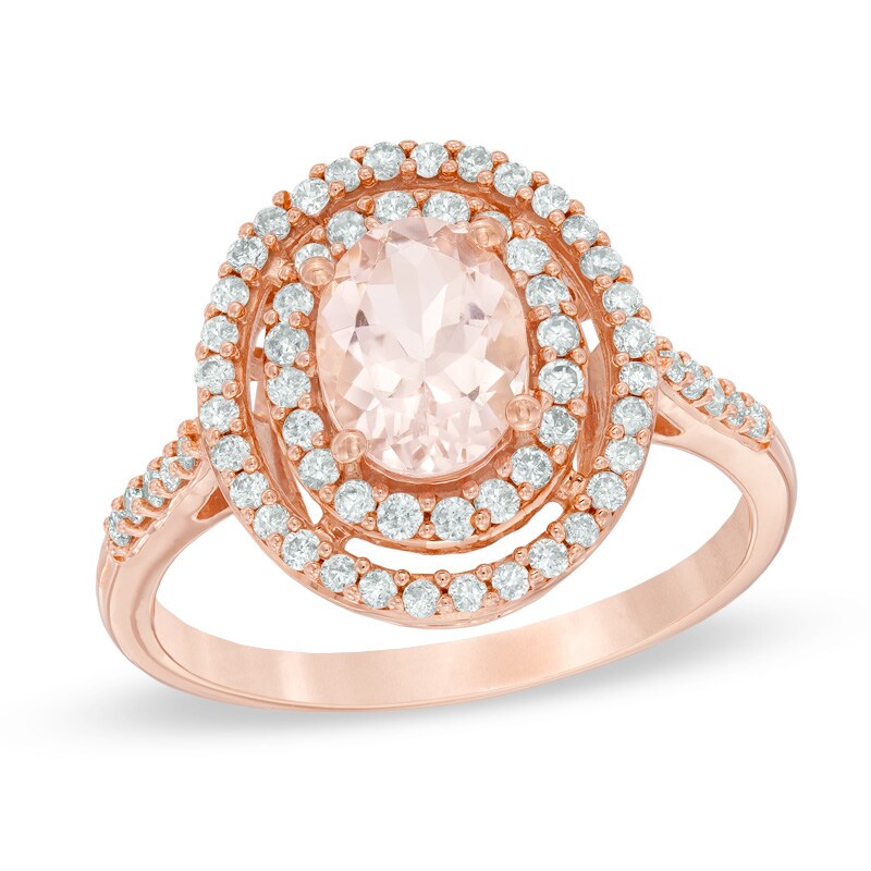 Main Image 1 of Oval Morganite and 1/2 CT. T.W. Diamond Double Frame Ring in 14K Rose Gold
