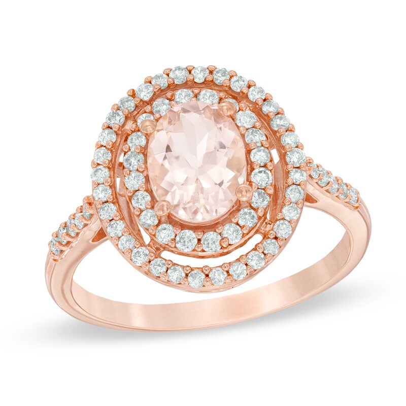 Oval Morganite and 1/2 CT. T.W. Diamond Double Frame Ring in 14K Rose Gold