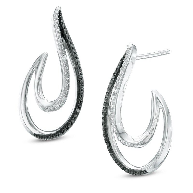 Main Image 1 of Enhanced Black and White Diamond Accent Flame J-Hoop Earrings in Sterling Silver