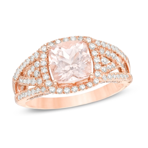 7.0mm Cushion-Cut Morganite and 1/2 CT. T.w. Diamond Frame Engagement Ring in 14K Rose Gold