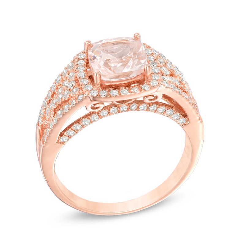 Main Image 2 of 7.0mm Cushion-Cut Morganite and 1/2 CT. T.W. Diamond Frame Engagement Ring in 14K Rose Gold