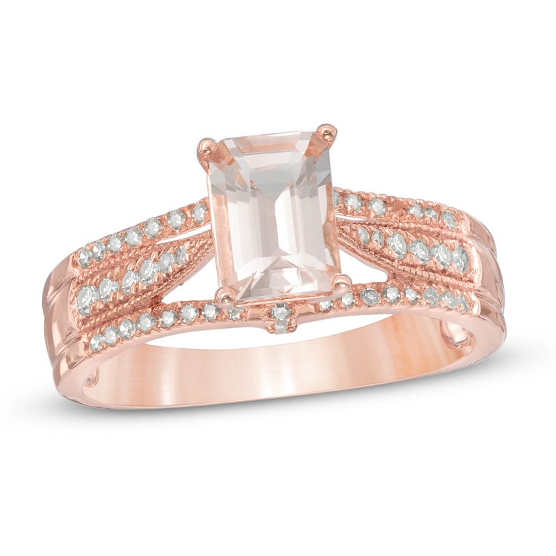 Main Image 1 of Emerald-Cut Morganite and 1/5 CT. T.W. Diamond Engagement Ring in 14K Rose Gold