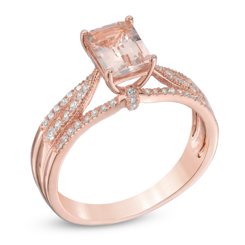 Main Image 2 of Emerald-Cut Morganite and 1/5 CT. T.W. Diamond Engagement Ring in 14K Rose Gold