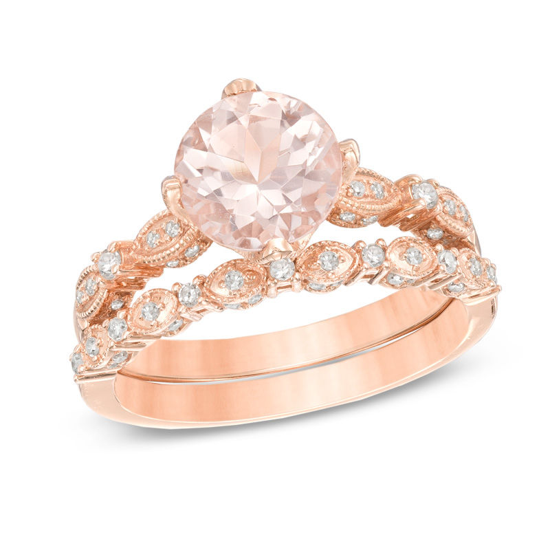 8.0mm Morganite and 1/3 CT. T.W. Diamond  Vintage-Style Bridal Set in 14K Rose Gold