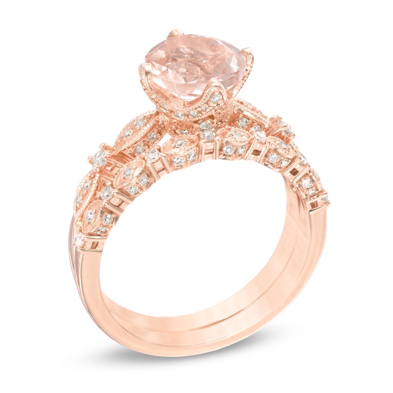 8.0mm Morganite and 1/3 CT. T.W. Diamond  Vintage-Style Bridal Set in 14K Rose Gold