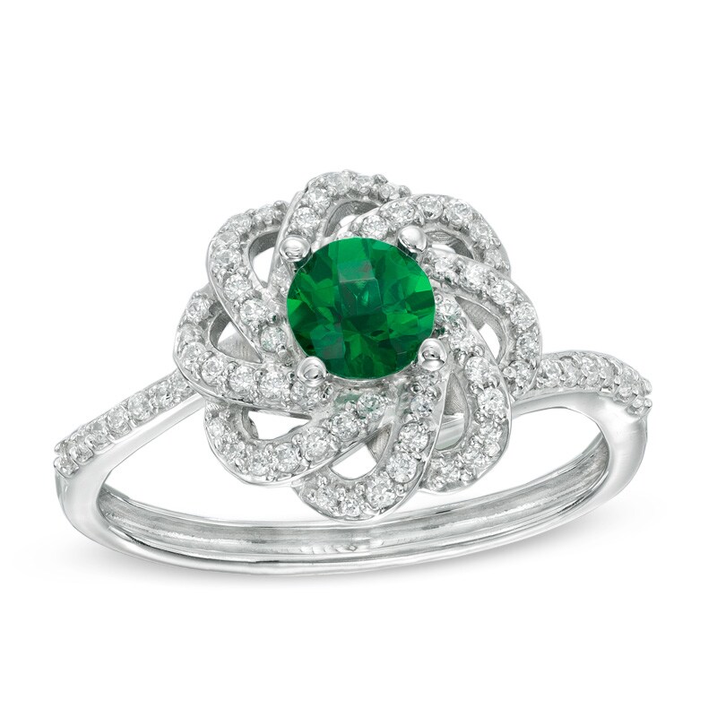 Main Image 1 of 5.0mm Emerald and White Topaz Flower Ring in Sterling Silver