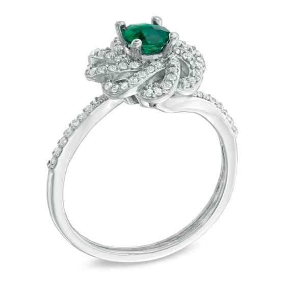 5.0mm Emerald and White Topaz Flower Ring in Sterling Silver