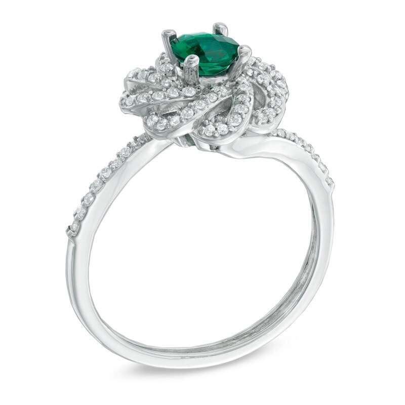 Main Image 2 of 5.0mm Emerald and White Topaz Flower Ring in Sterling Silver